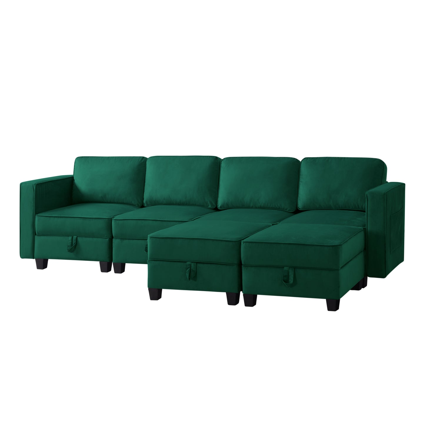 Modular Green Velvet Sectional Sofa with Ottoman and Hidden Storage