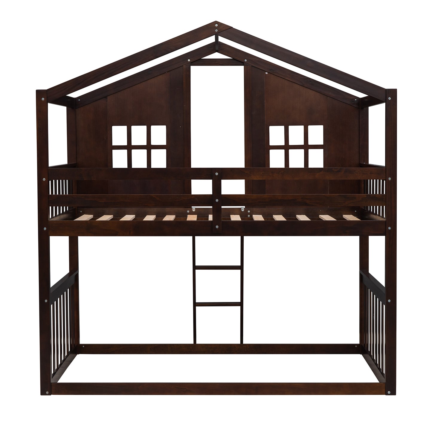 House Loft Bunk Bed with Playful Roof Design and Rustic Charm, Espresso Finish