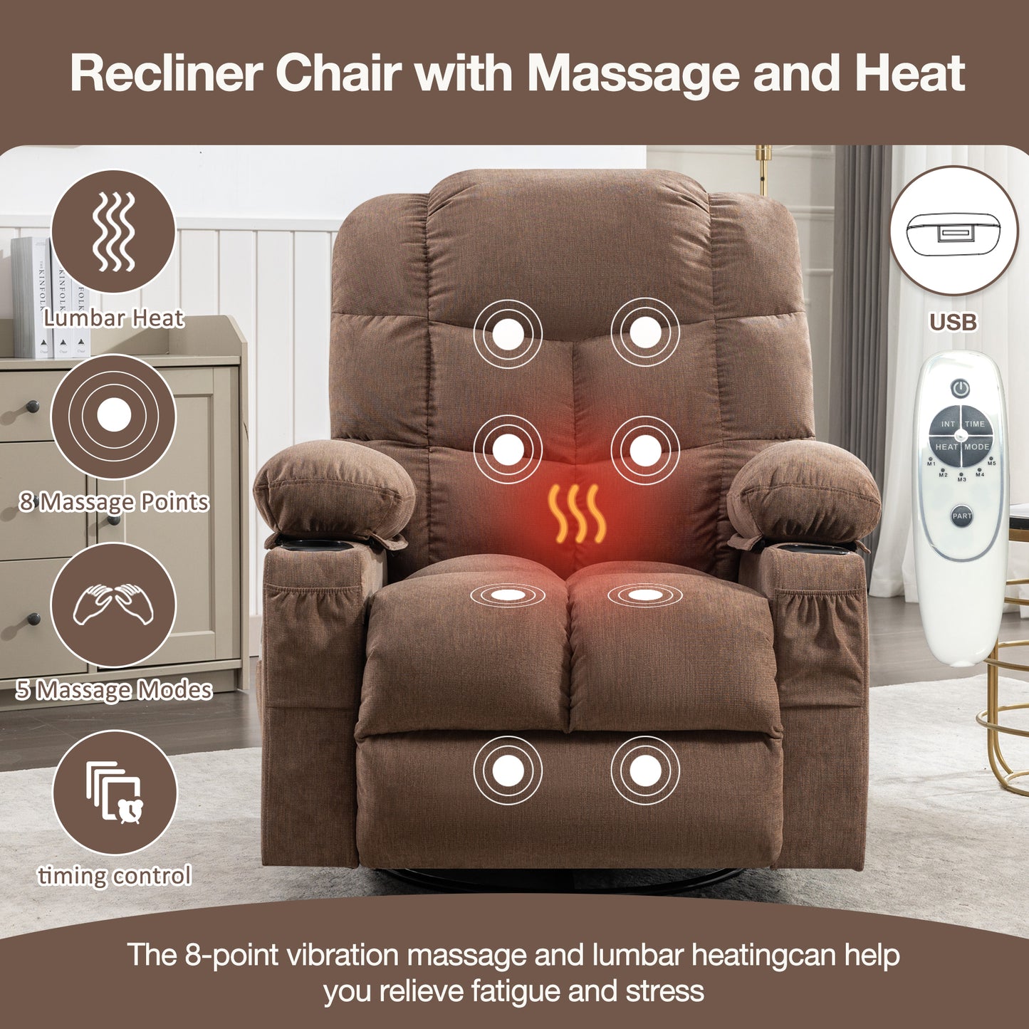 Brown Rocking Massage Recliner Chair with Heating and USB Charge Port