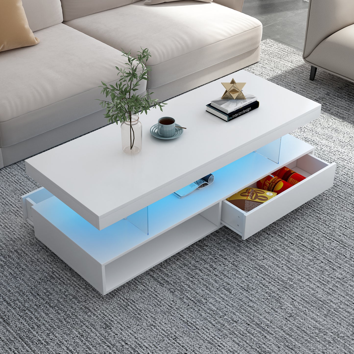 Modern LED Coffee Table with Storage Drawers and Display Shelves, Accent Furniture with Multicolor LED Lights