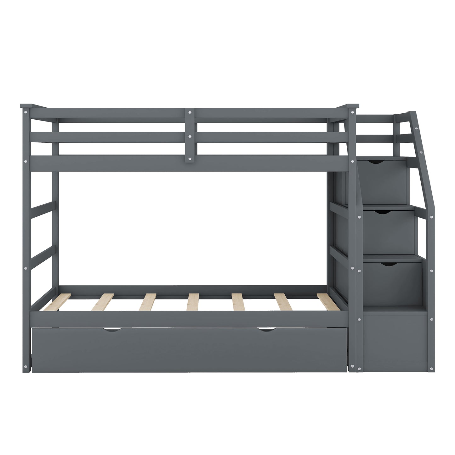 Versatile Gray Twin Bunk Bed with Trundle and Staircase