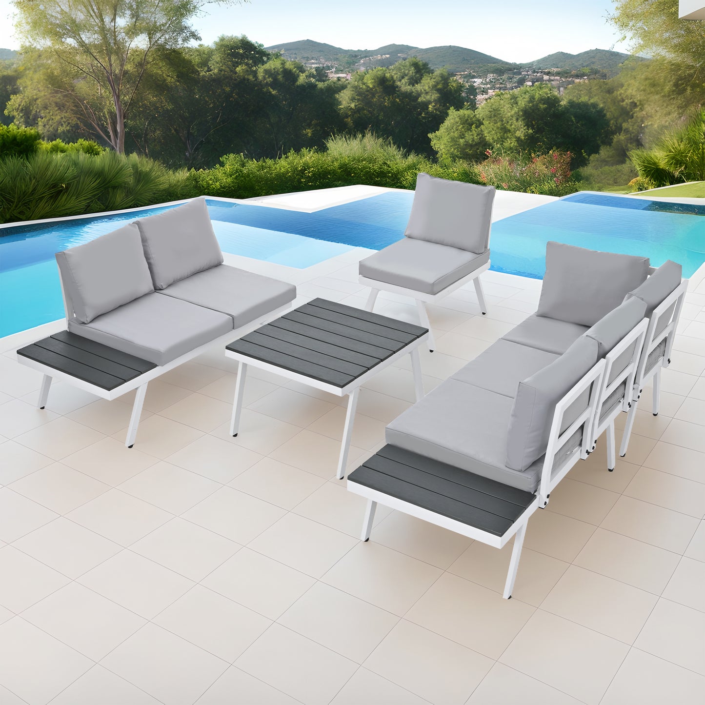 Aluminum Outdoor Patio Furniture Set with End Tables and Coffee Table, White and Grey Sectional Sofa Set