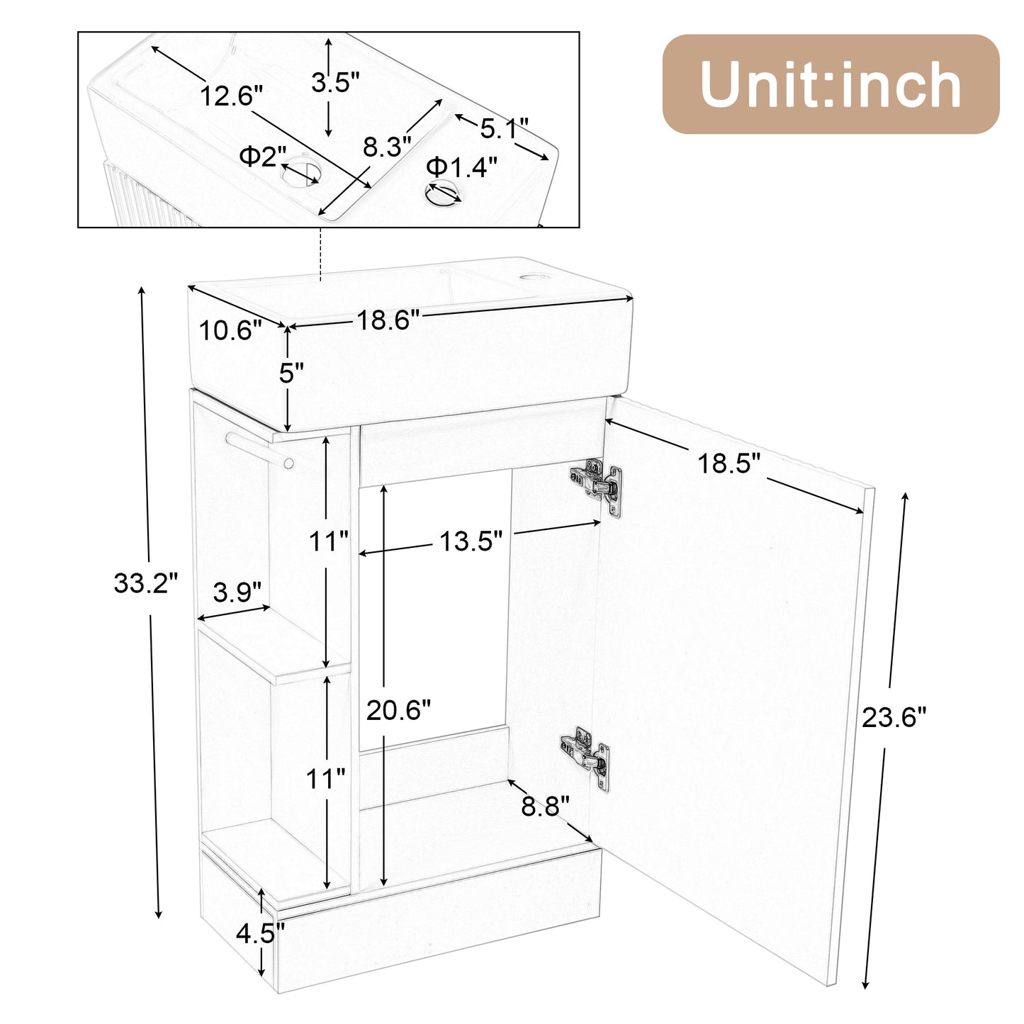 18.6" Bathroom Vanity with Sink, Bathroom Vanity Cabinet with Two-tier Shelf, Left or Right Orientation, White