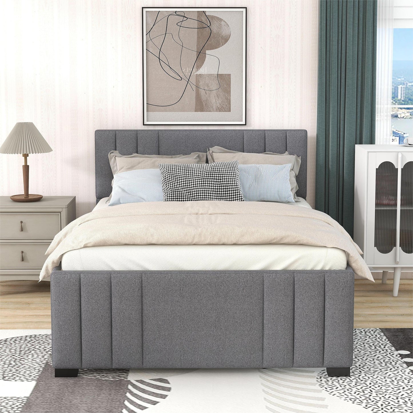 Full Upholstered Platform Bed with Trundle,Grey