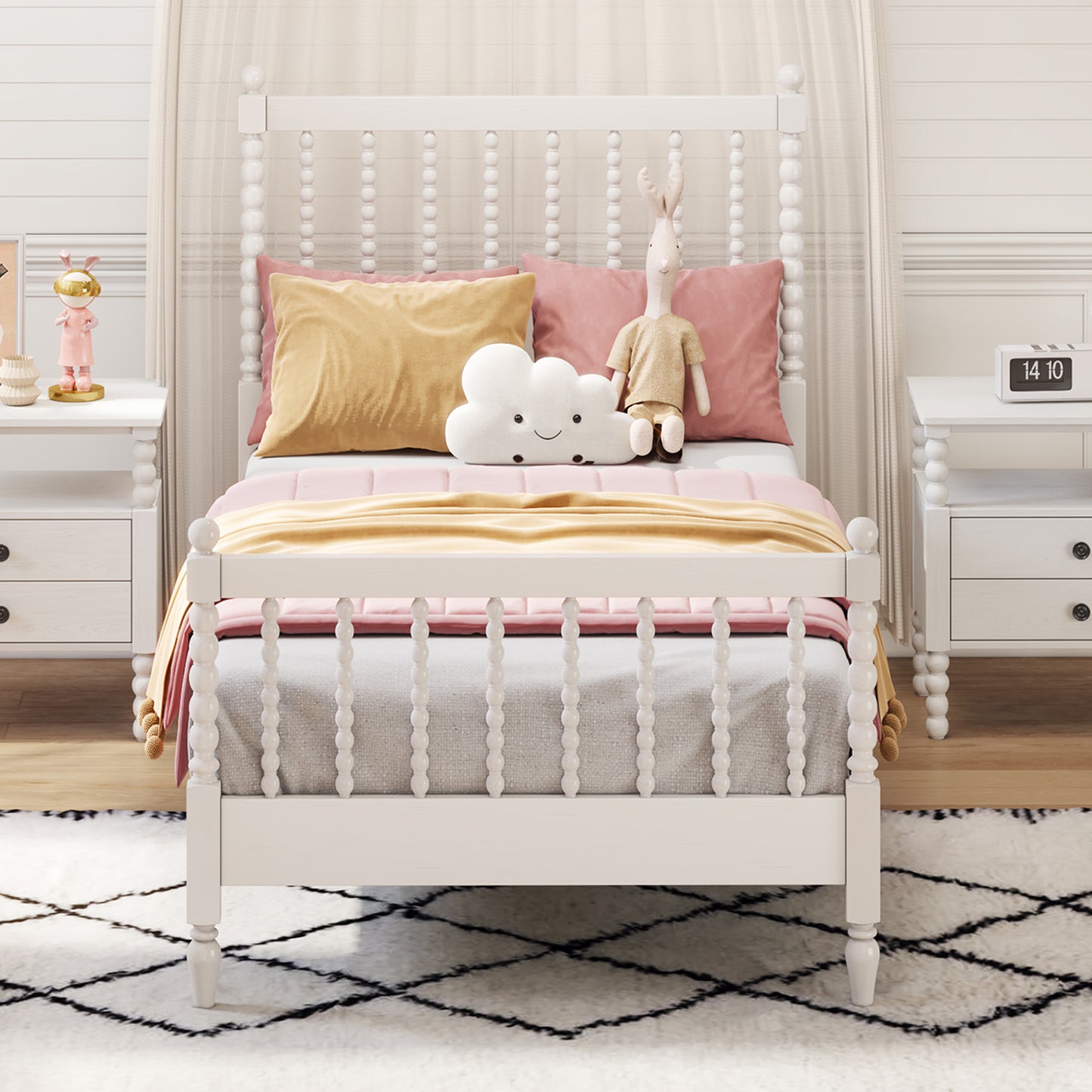 Twin Size Wood Platform Bed with Gourd Shaped Headboard and Footboard, White