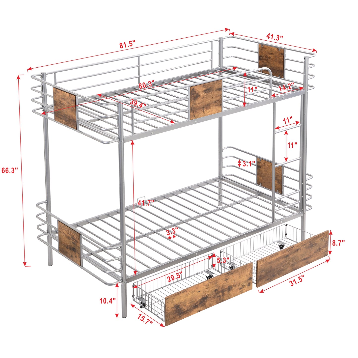 Silver Metal Bunk Bed with Twin XL Storage Drawers and Guardrail