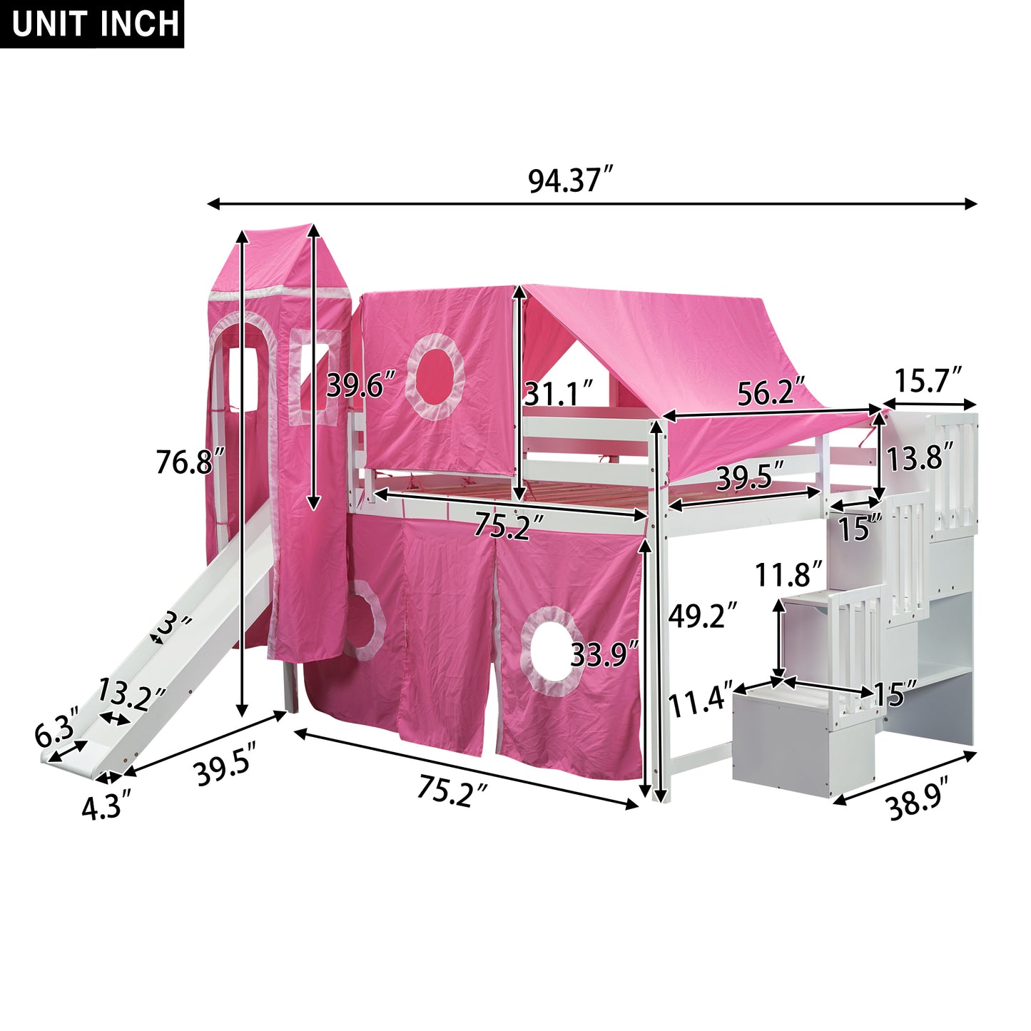 Full Size Loft Bed with Tent and Tower - Pink