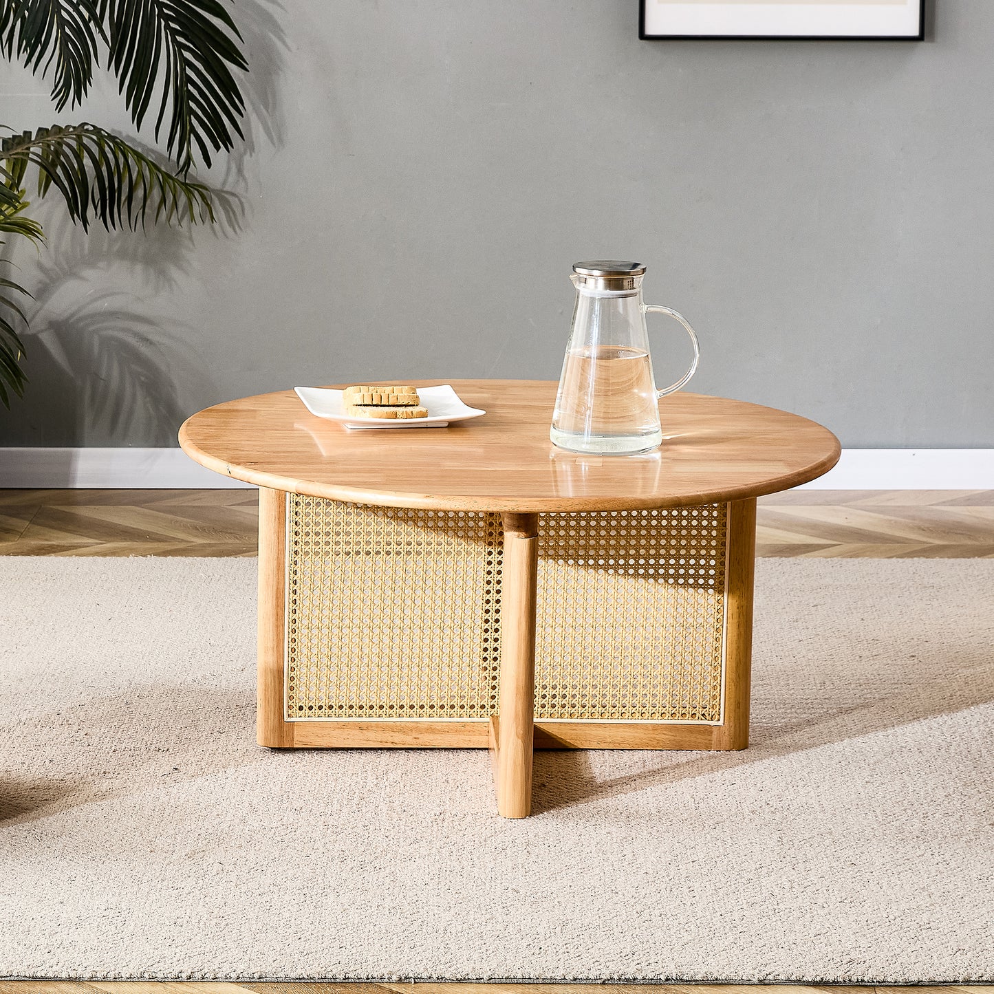 Wooden Coffee Table with Faux Rattan Accents for Stylish Living Spaces