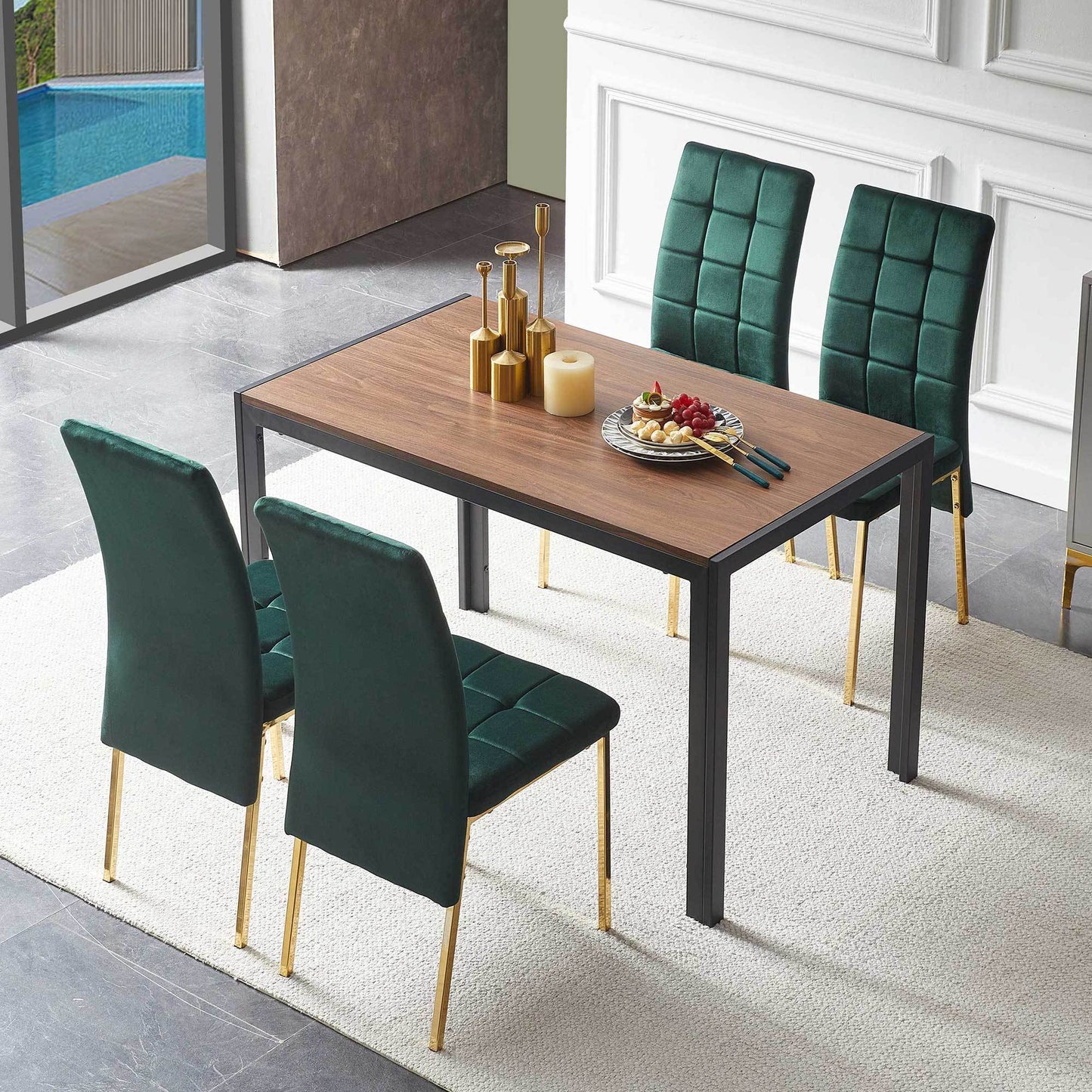 5-Piece Dining Set Including Green Velvet High Back Golden Color Legs Nordic Dining Chair & Creative Design MDF Dining Table