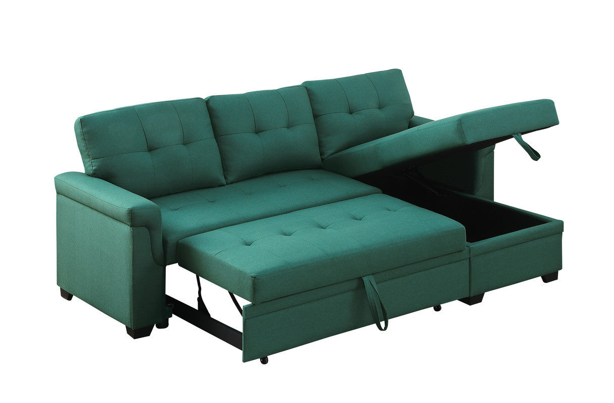 Lucca Emerald Linen Reversible Sleeper Sectional Sofa with Storage Chaise