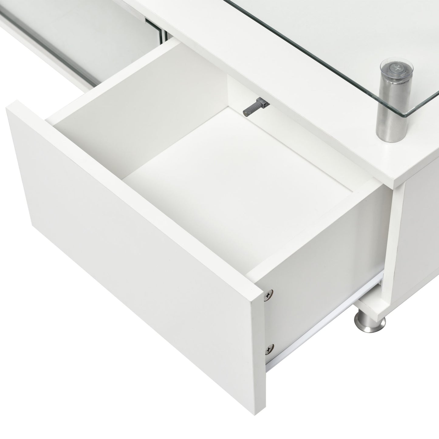 Contemporary White Media Console with Sleek Glass Design and Spacious Storage