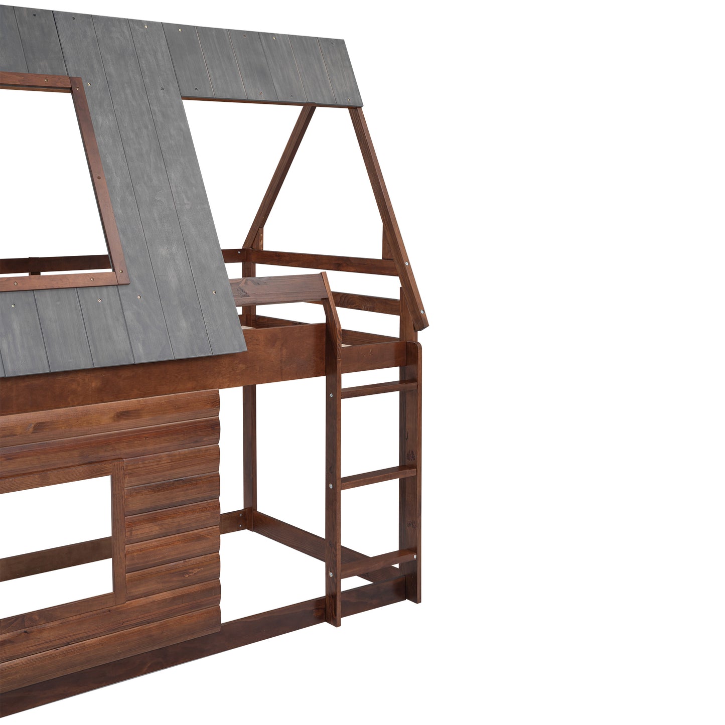 Cozy Rustic Oak and Smoky Grey House Bunk Bed with Roof, Ladder, and Windows for Kids