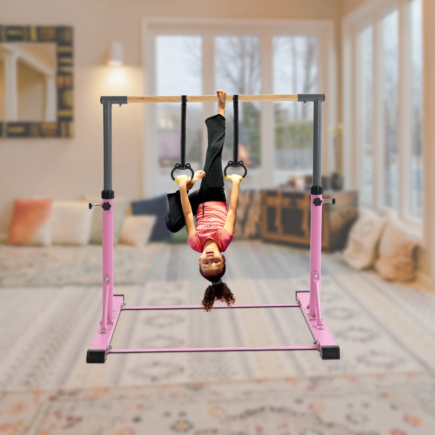 Pink Adjustable Gymnastics Horizontal Bar Set for Kids Home Use