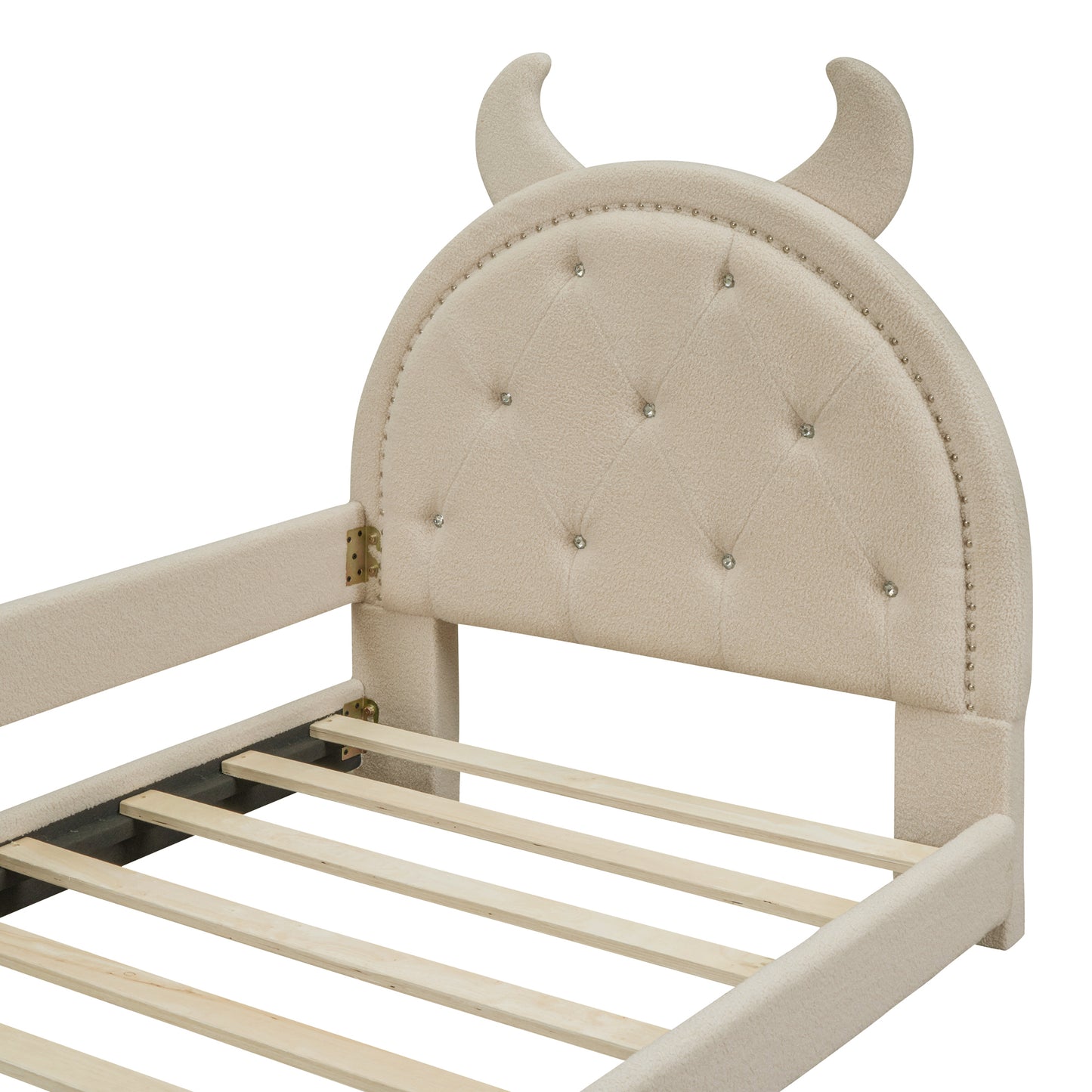 Teddy Fleece Twin Size Upholstered Daybed with OX Horn Shaped Headboard, Beige