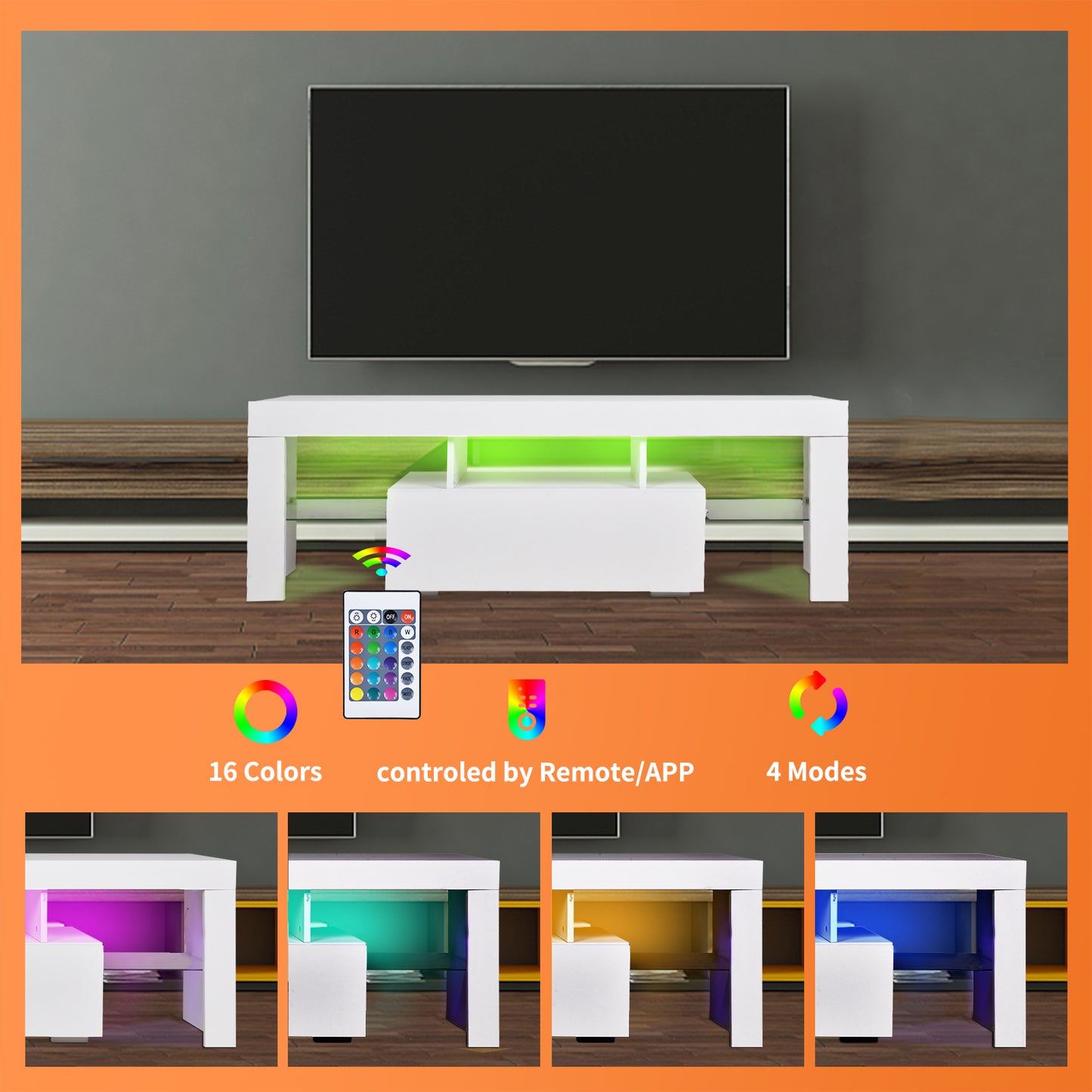 43-Inch White LED TV Stand with Color-Changing Lights and Spacious Storage