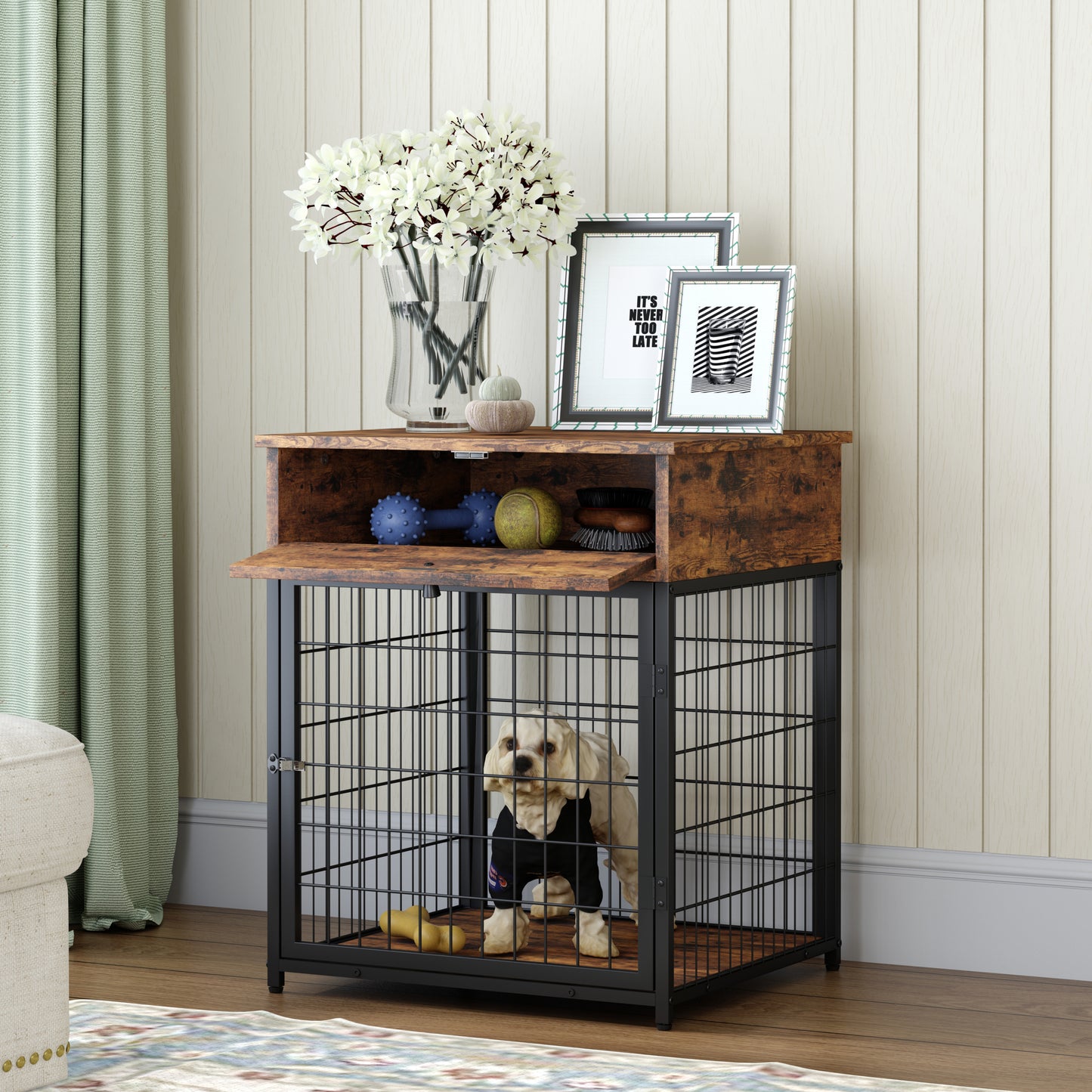 Furniture Style Wood Dog Crate End Table with Storage Console. Rustic Brown,19.69'' W x 22.83'' D x 26.97'' H.