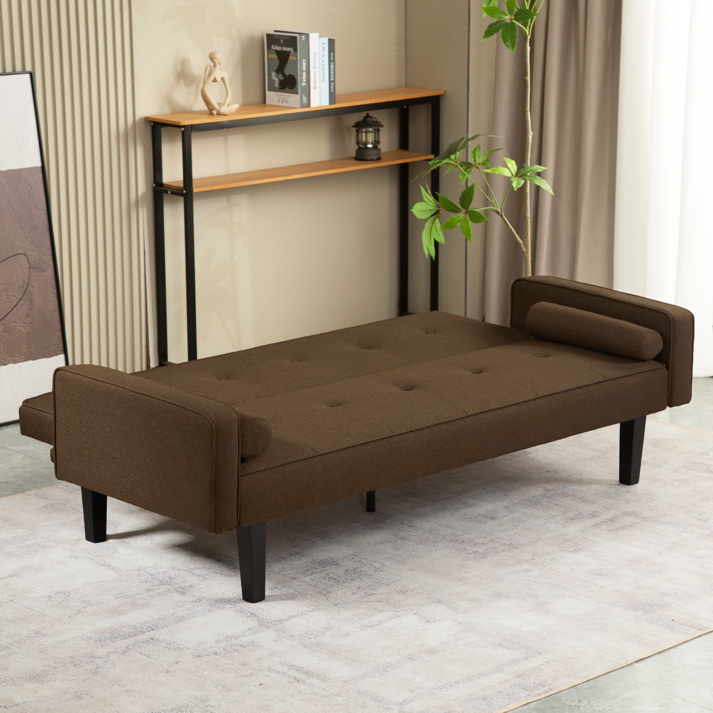 Futon Sofa Bed Convertible Couch Bed with Armrests Modern Living Room Linen Sofa Bed, Folding Recliner Futon Couch Sleeper Set with Solid Wood legs