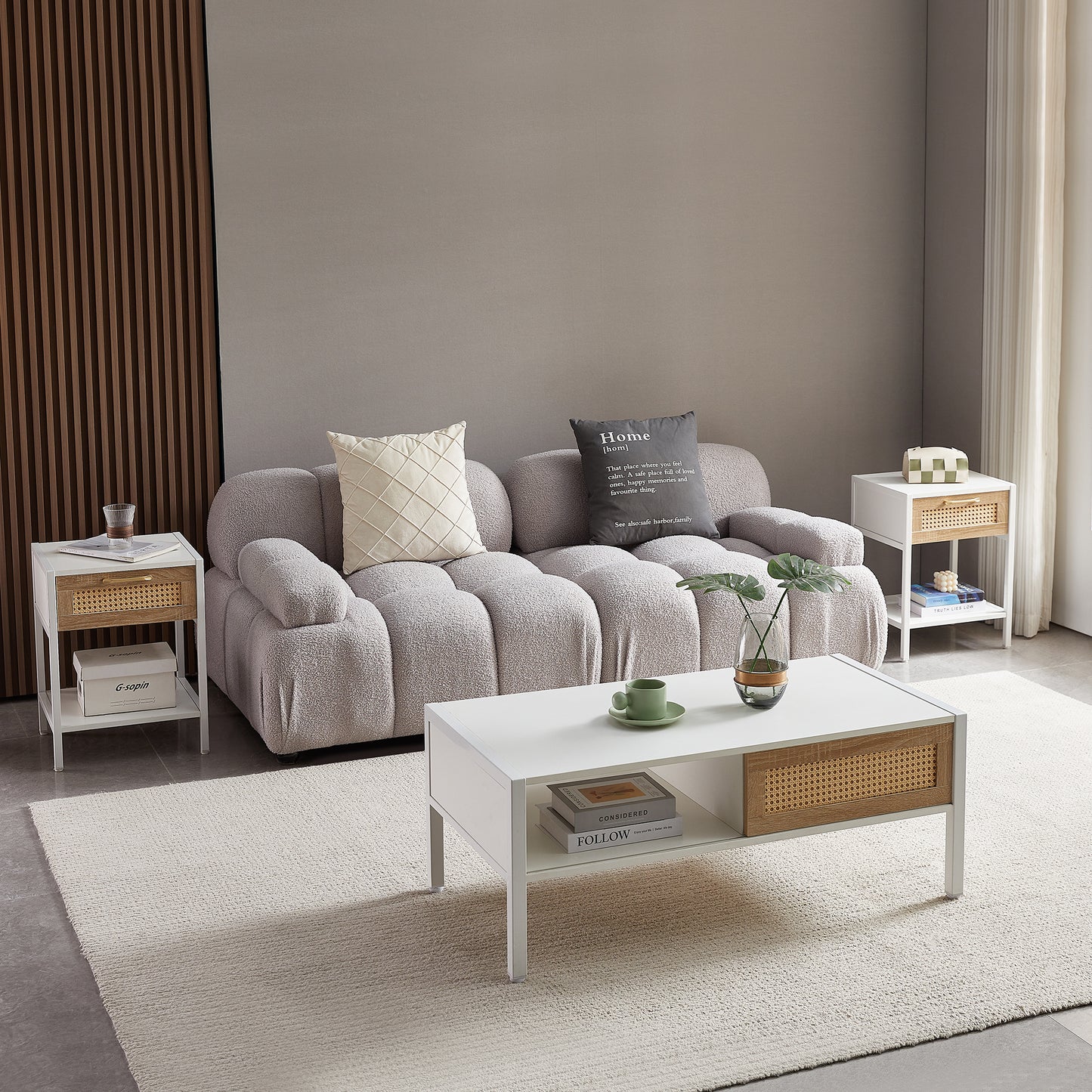 Modern White Rattan Coffee Table with Sliding Door Storage