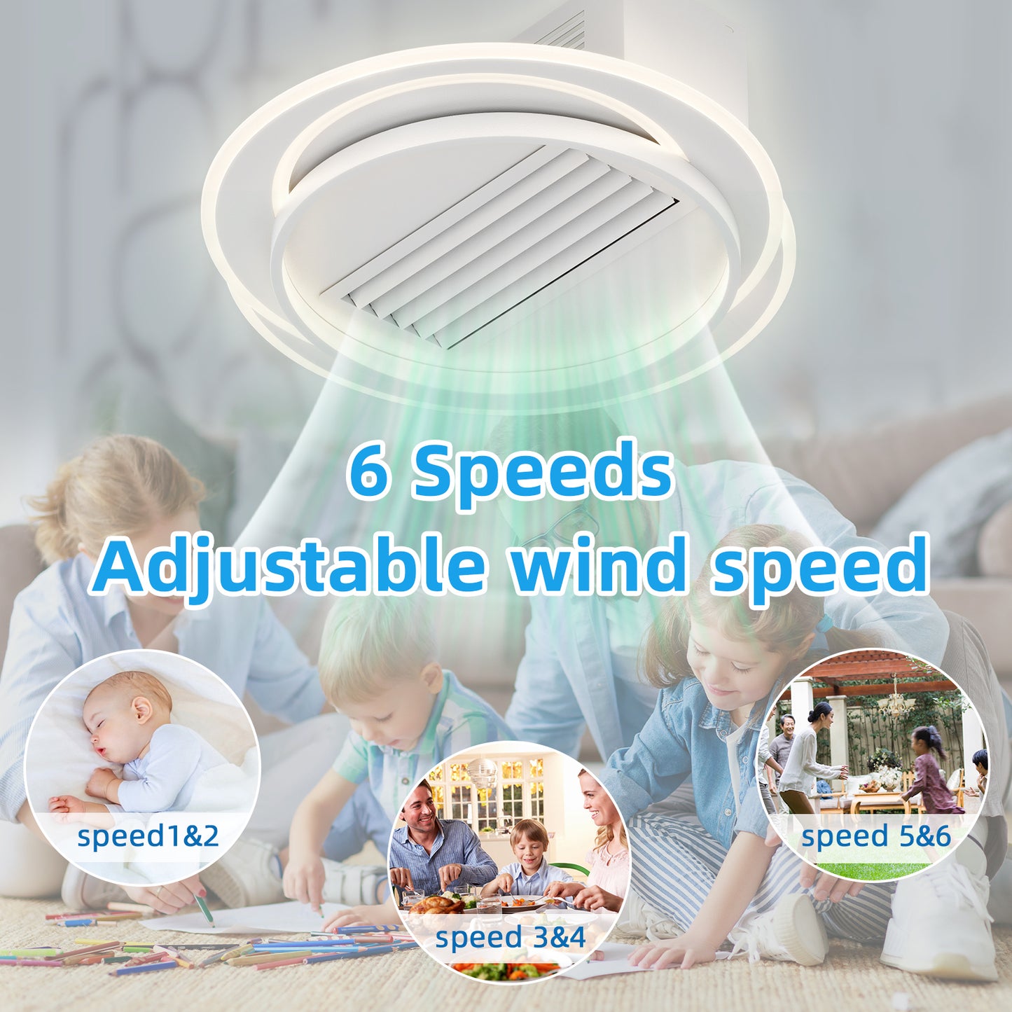 Bladeless Ceiling Fan with LED Lights Remote Control 6 Gear Wind Speed Dimmable