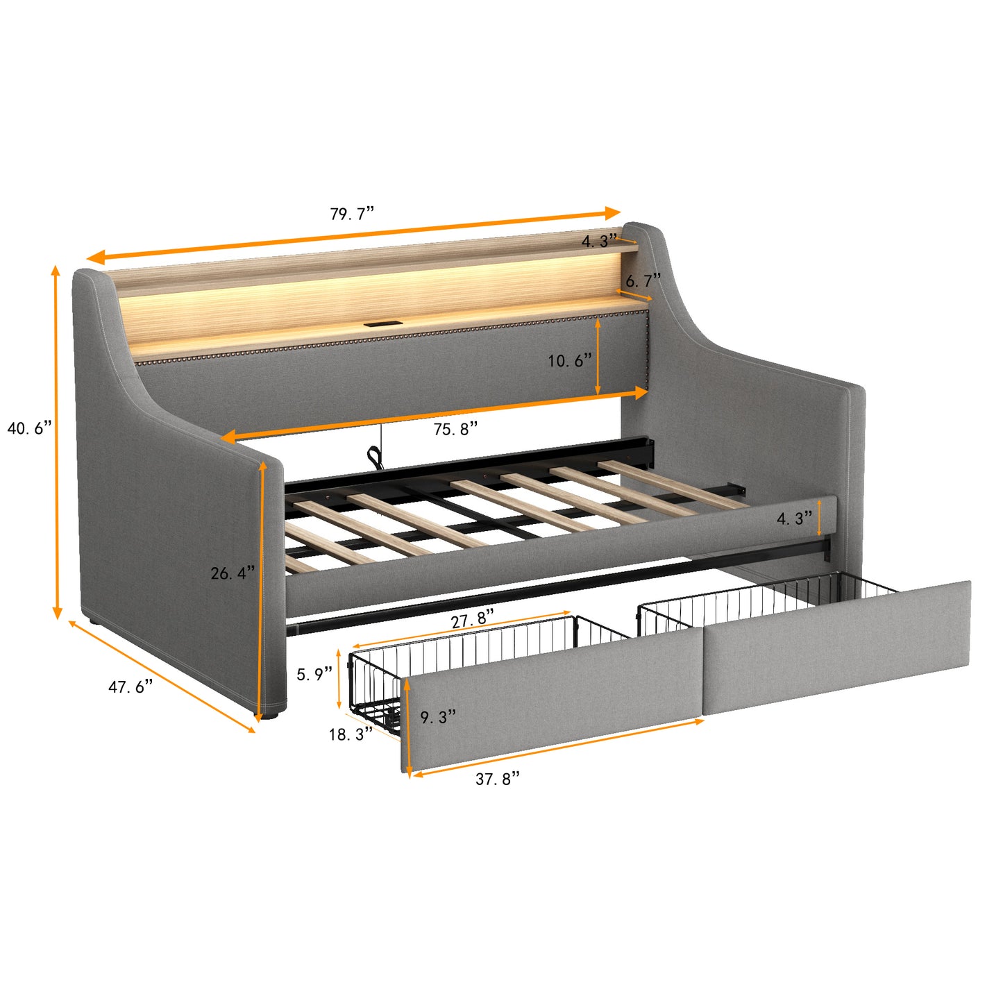 Twin Size Daybed with Storage Drawers, Upholstered Daybed with Charging Station and LED Lights, Gray (Expect arrive date: Jan 18th, 2024)