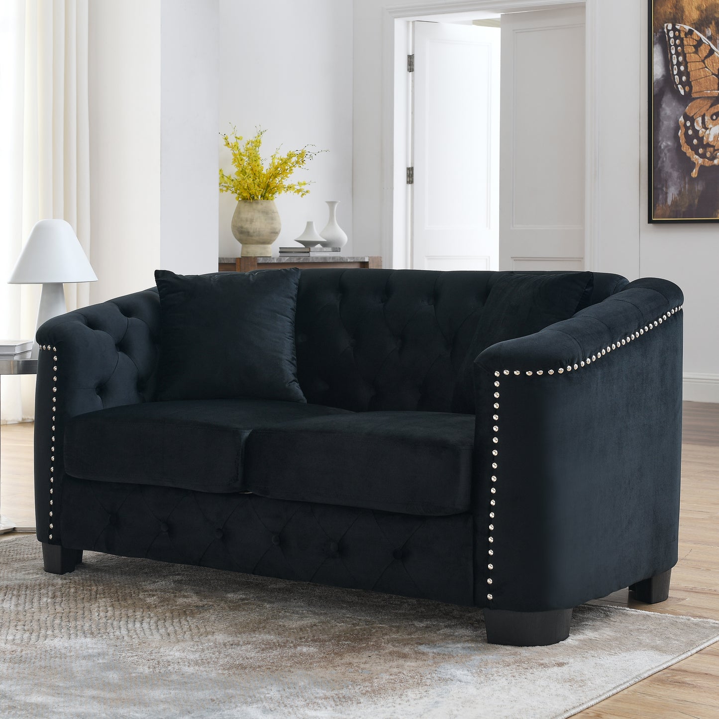 Stylish Black Velvet Combination Sofa Set with Nailhead Trim