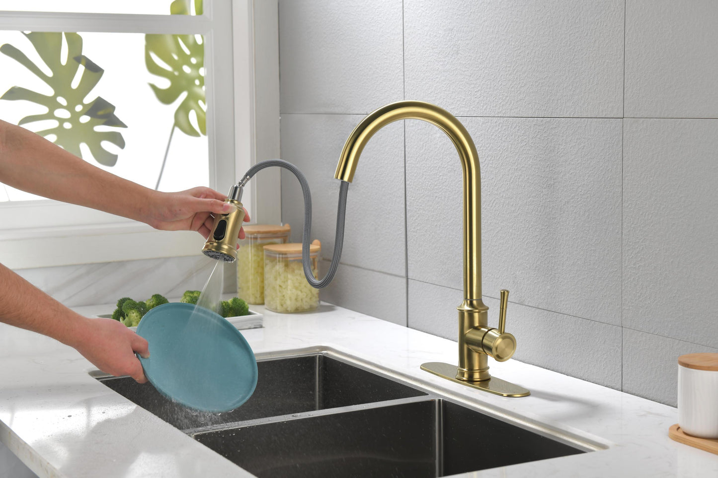 Single Handle High Arc Pull Out Kitchen Faucet,Single Level Stainless Steel Kitchen Sink Faucets with Pull Down Sprayer