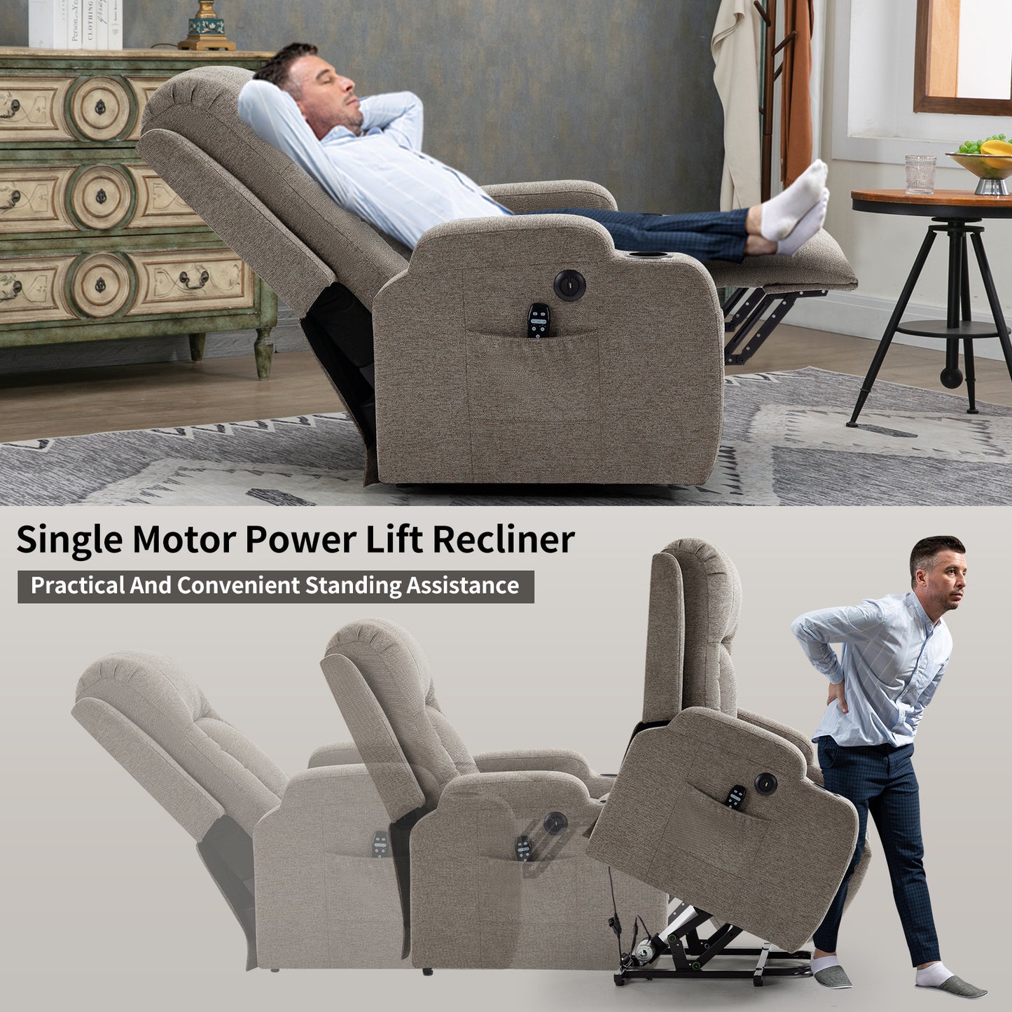 Electric Brown Recliner Chair with Lift, Massage, and Lumbar Heating