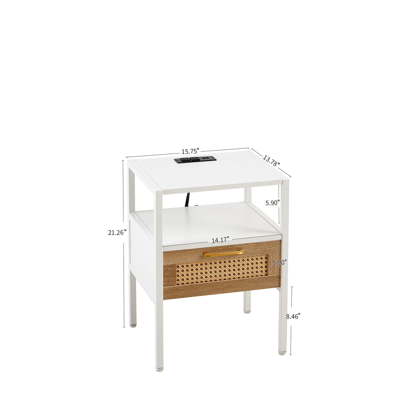 Set of 2, 15.75" Rattan End table with Power Outlet & USB Ports , Modern nightstand with drawer and metal legs, side table for living room, bedroom,white