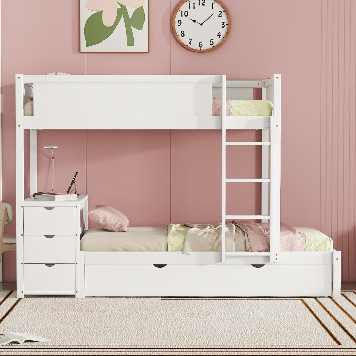 Twin Loft Bed with Trundle, Storage, Desk, and USB Outlets, White