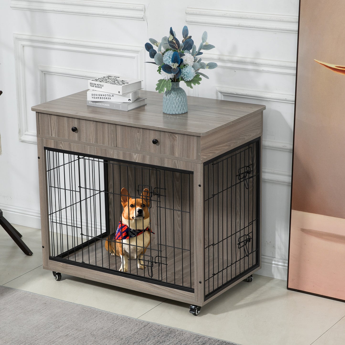 Dog Crate Furniture, Wooden Dog House, Decorative Dog Kennel with Drawer, Indoor Pet Crate End Table for Small Dog, Steel-Tube Dog Cage, Chew-Proof, Grey 31.7" L×23.2" W×33" H