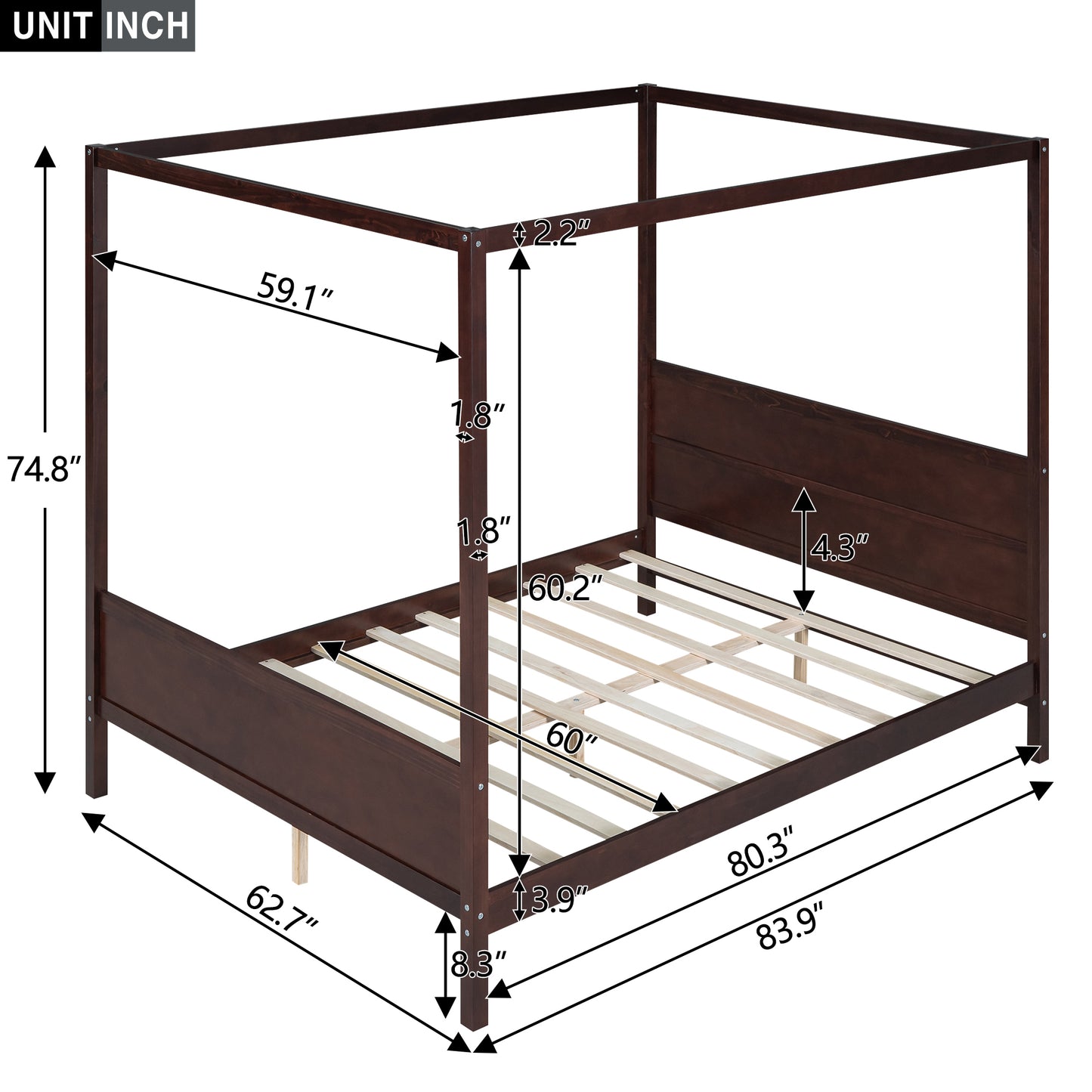 Queen Size Canopy Platform Bed with Headboard and Footboard, Slat Support Leg - Espresso