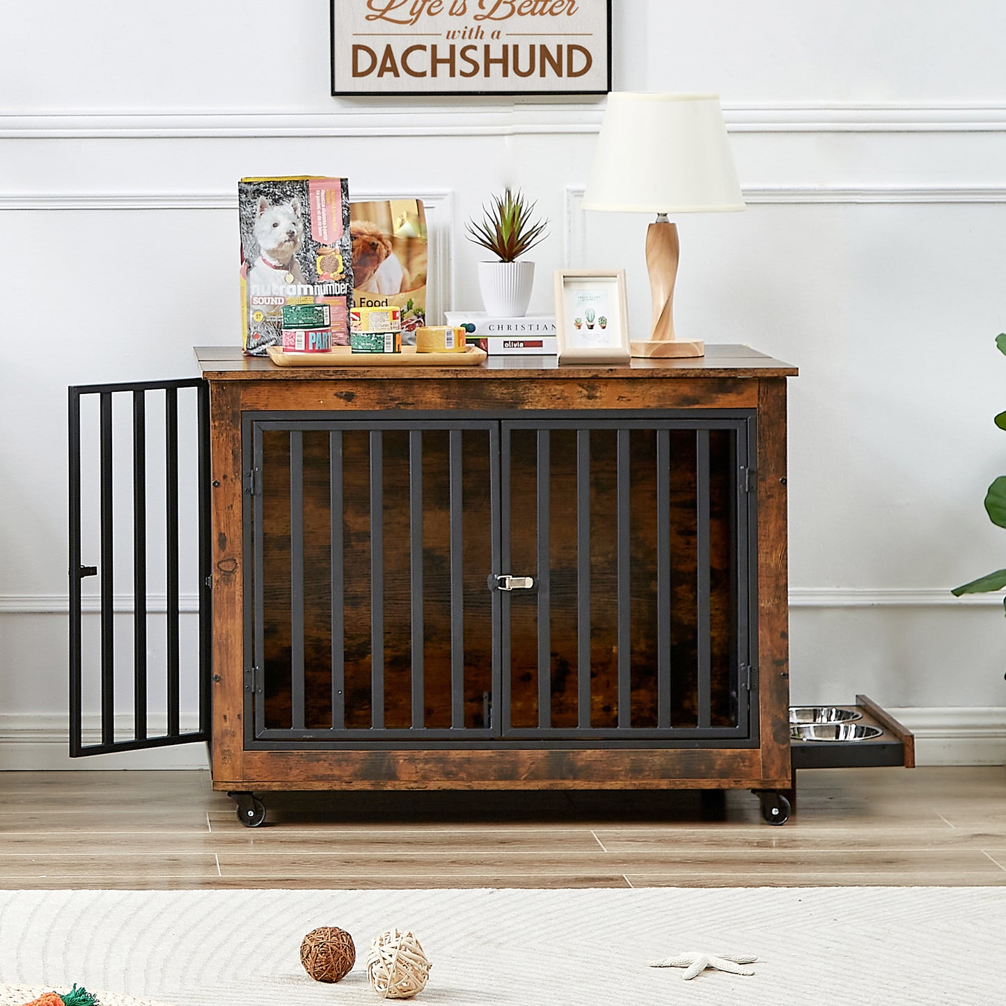 Furniture Style Dog Crate Side Table With Feeding Bowl, Wheels, Three Doors, Flip-Up Top Opening. Indoor, Rustic Brown, 38.58"W x 25.2"D x 27.17"H