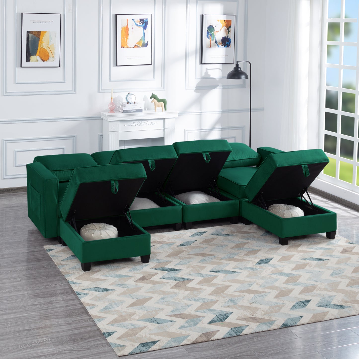 Modular Green Velvet Sectional Sofa with Ottoman and Hidden Storage