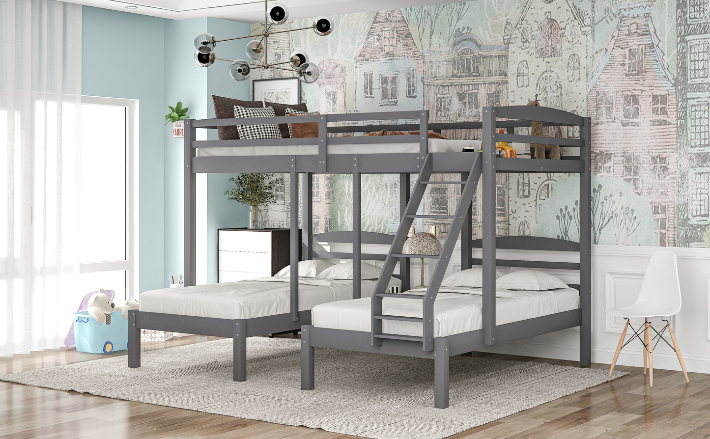 Gray Triple Bunk Bed with Full over Twin & Twin