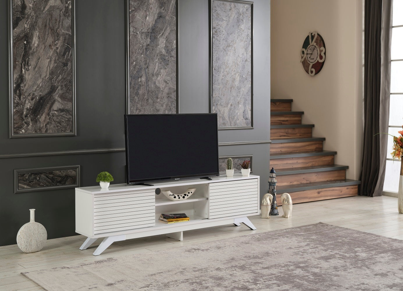 Luxia Mid Century Modern TV Stand with Storage Cabinets and Shelves in White