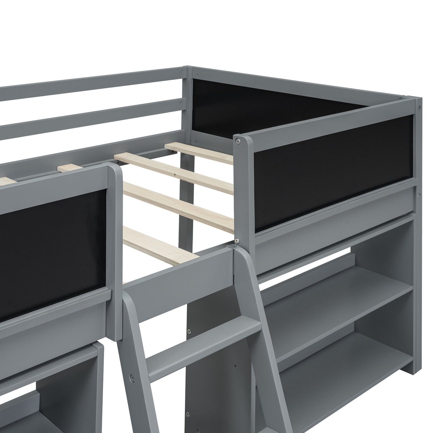 Twin Size Low Loft Bed with Two Movable Shelves and Ladder,with Decorative Guardrail Chalkboard,Gray(: WF283286AAE)