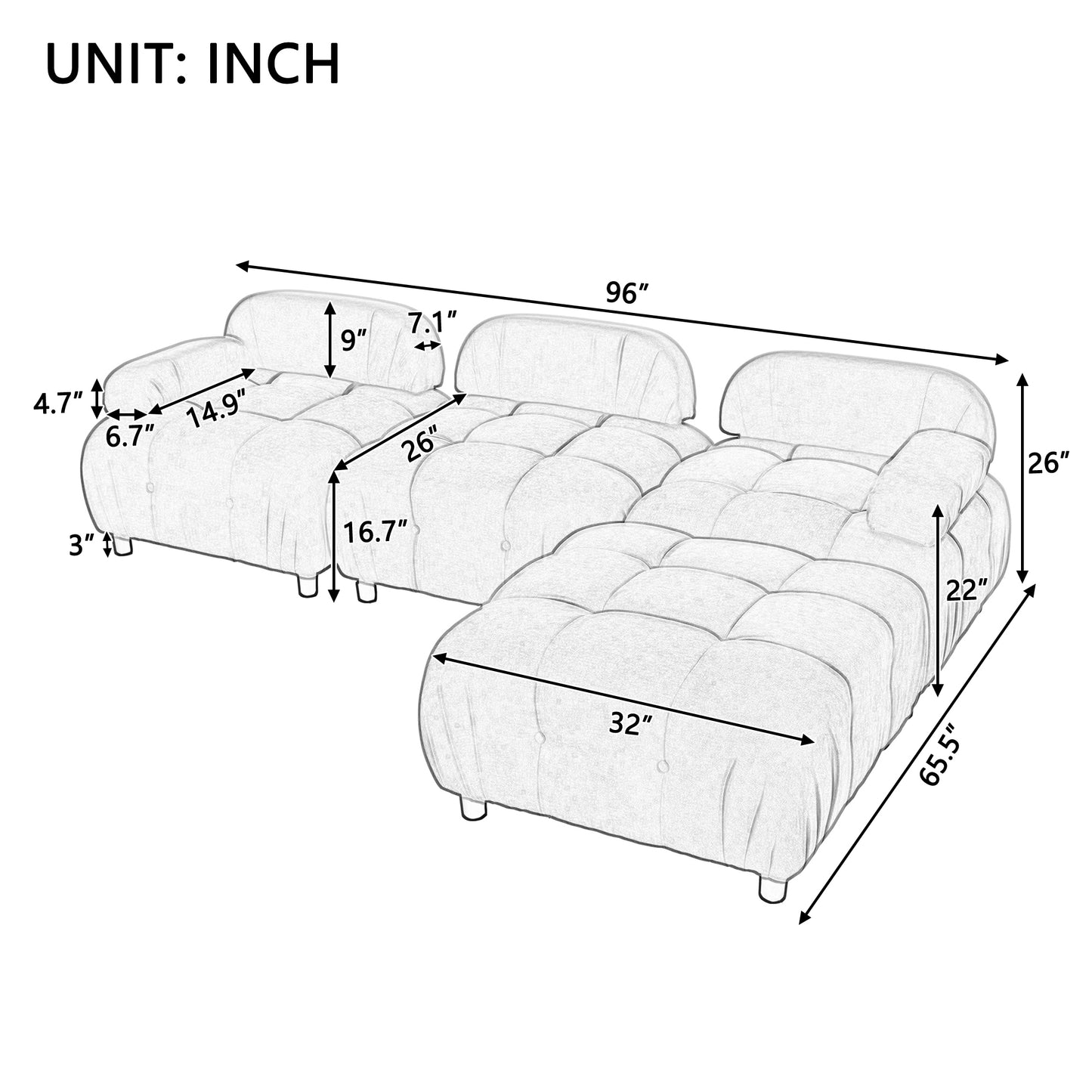 U_STYLE Chenille Fabric Modular Sectional Sofa with Reversible Chaise