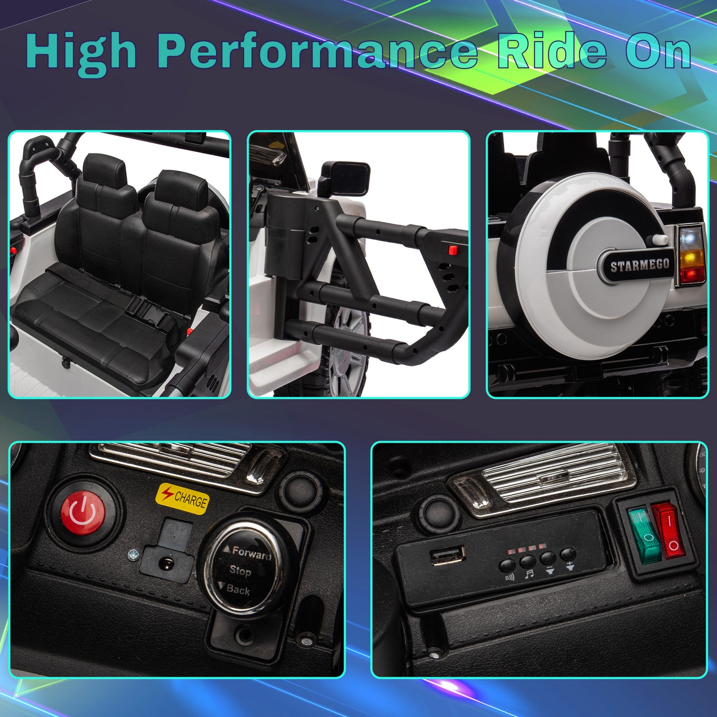 12v7a 30w*2 Four-wheel drive leather seat one button start,forward and backward, high and low speed,  music, front light, power display,  two doors can open, 2.4G R/C, seat belt four wheel absorber