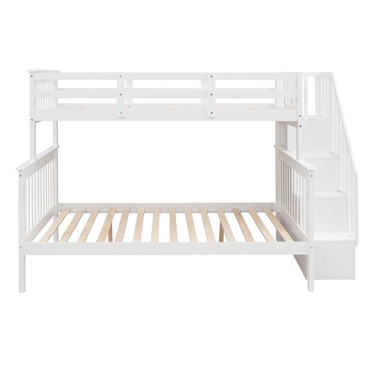 White Twin-Over-Full Bunk Bed with Staircase Storage and Guard Rail