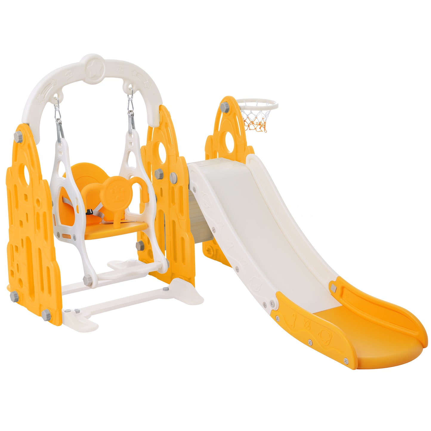 4 in 1 Toddler Playground Climber Slide and Swing Set with Basketball Hoop