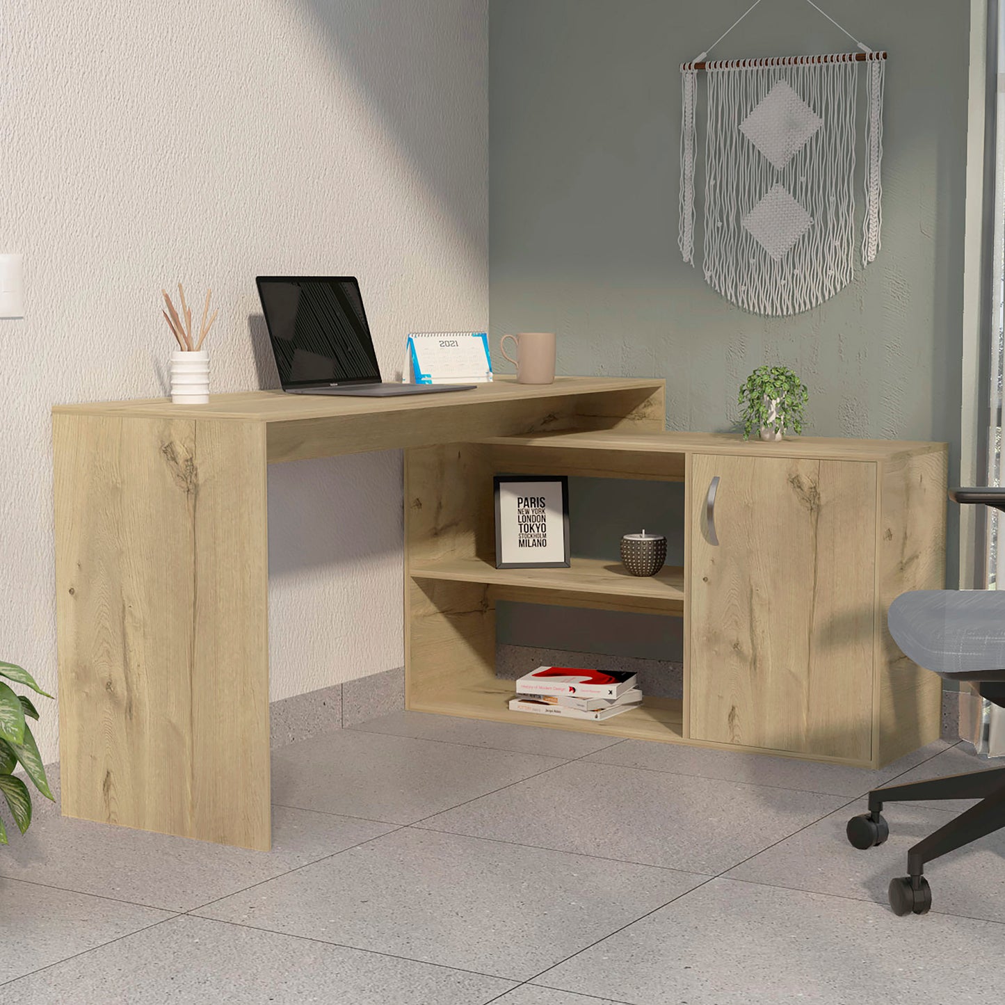 Lyncliff Light Oak L-Shaped Office Desk with Drawer, Shelves, and Storage