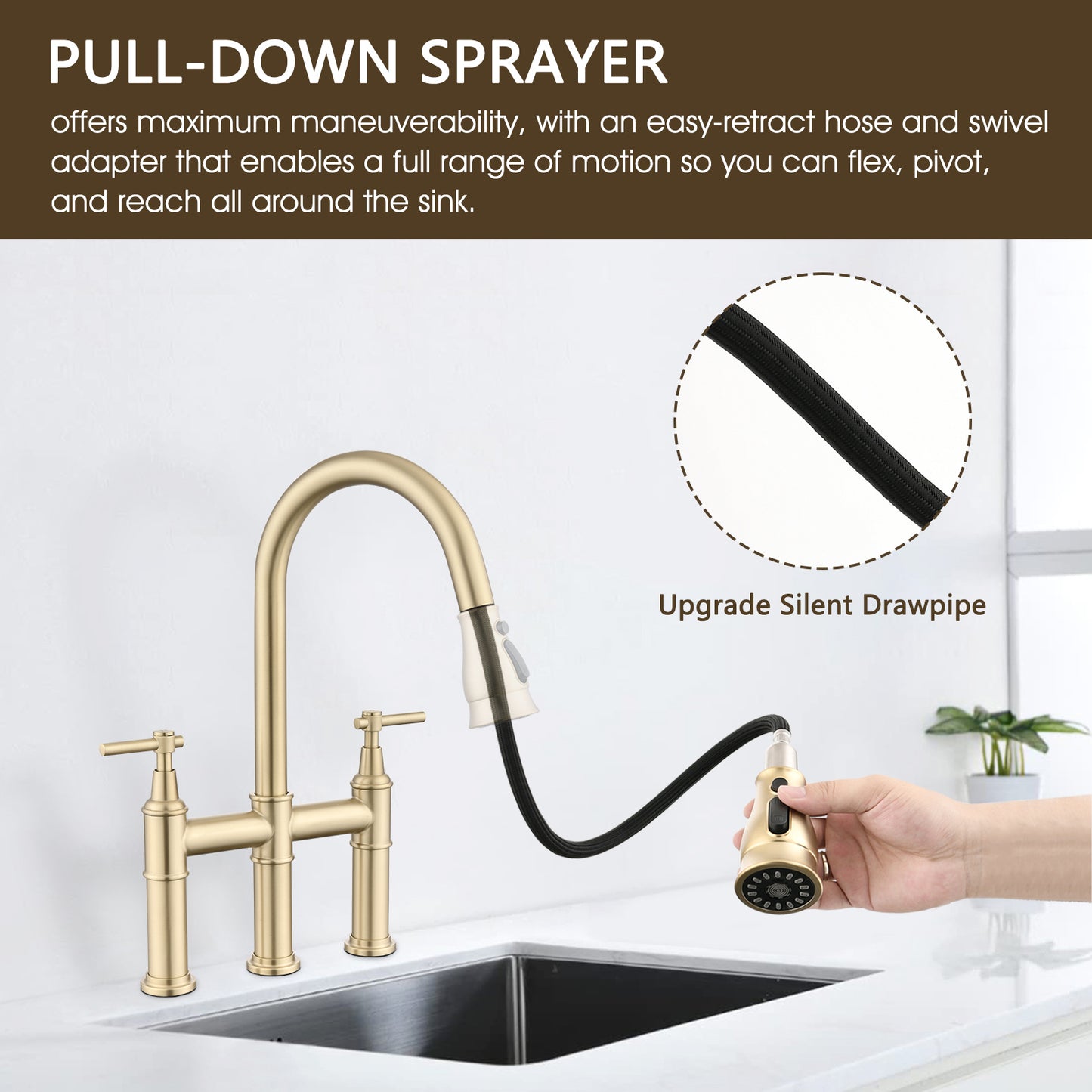 Double Handle Bridge Kitchen Faucet With Pull-Down Spray Head