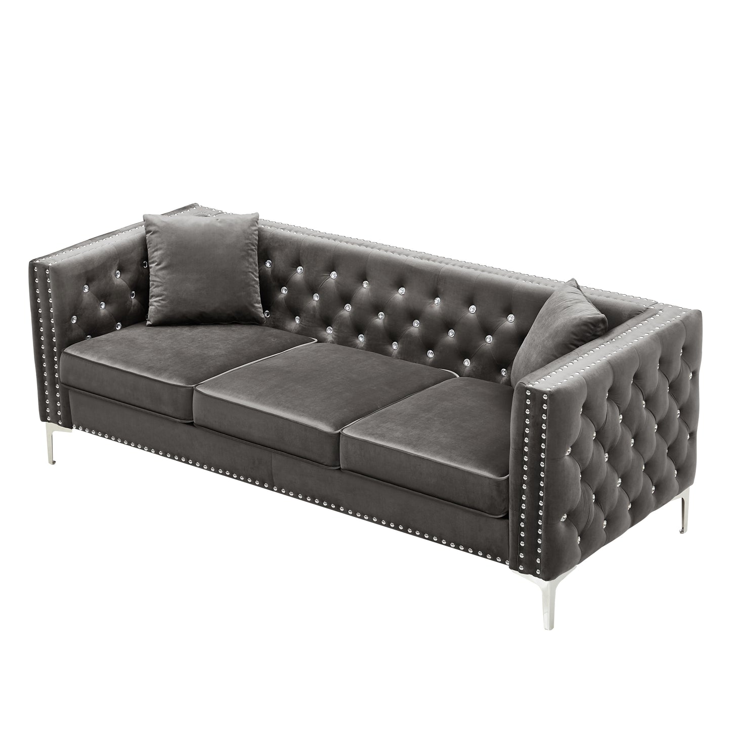 Modern Velvet Sofa with Jeweled Buttons and Tufted Square Arms, Grey, 2 Pillows Included