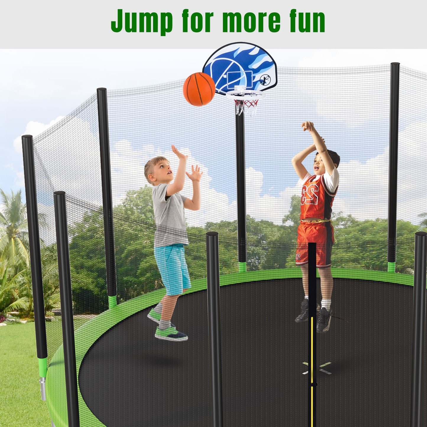 15FT Trampoline for Kids with Safety Enclosure Net, Basketball Hoop and Ladder, Easy Assembly Round Outdoor Recreational Trampoline