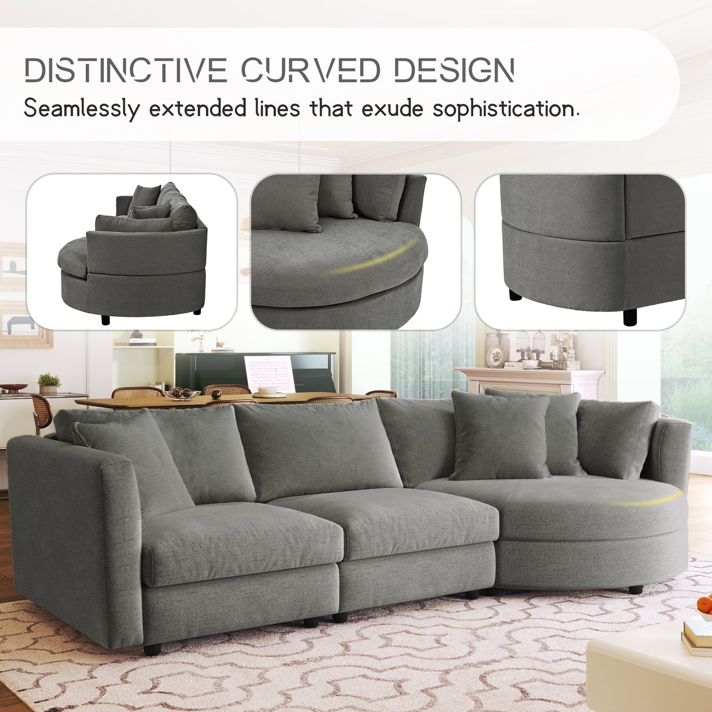 U_STYLE Three Indoor Cushioned Combination Sofas with Three Pillows and Curved Seat, for Living Room, Study Room, and Apartment