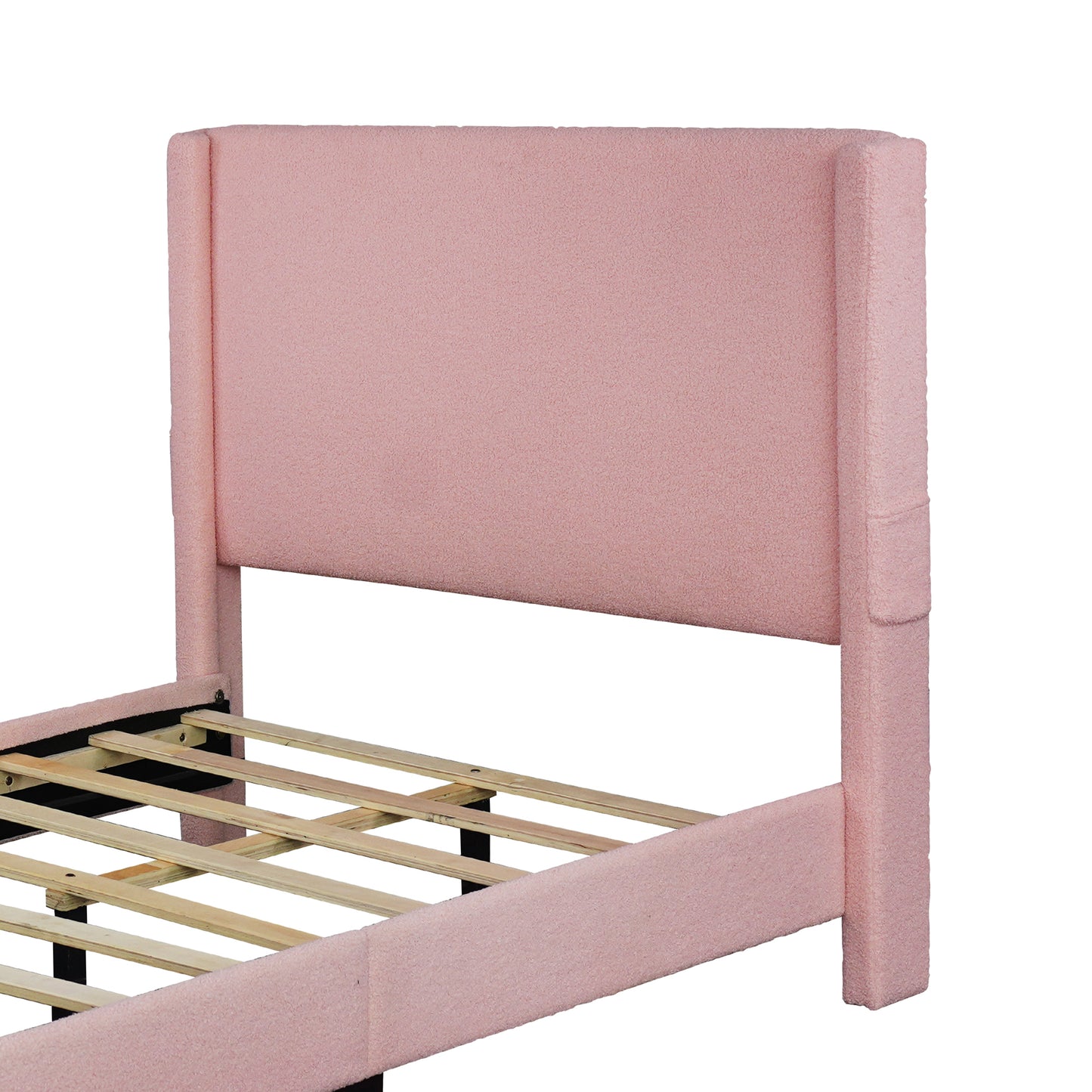 PINK TEDDY FABRIC FOOTBOARD STORAGE BIG DRAWER WINGBACK WITH POCKETS UPHOLSTERED BED NO BOX SPRING REQUIRED TWIN SIZE MODERN DESIGN