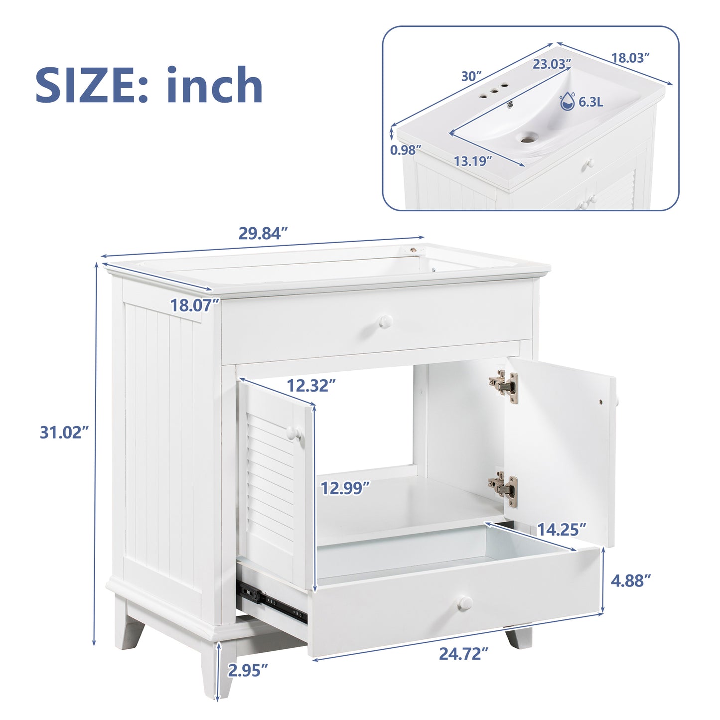 30" Bathroom Vanity Base without Sink, Bathroom Cabinet with Two Doors and One Drawer, White