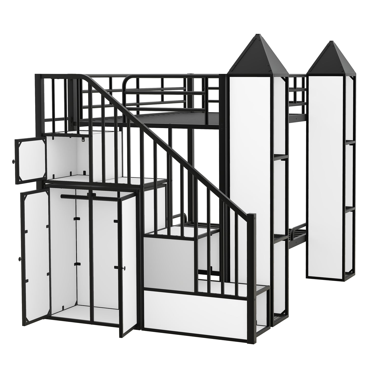 Castle-themed Metal Twin Bunk Bed with Wardrobe and Storage in Black and White Color Palette