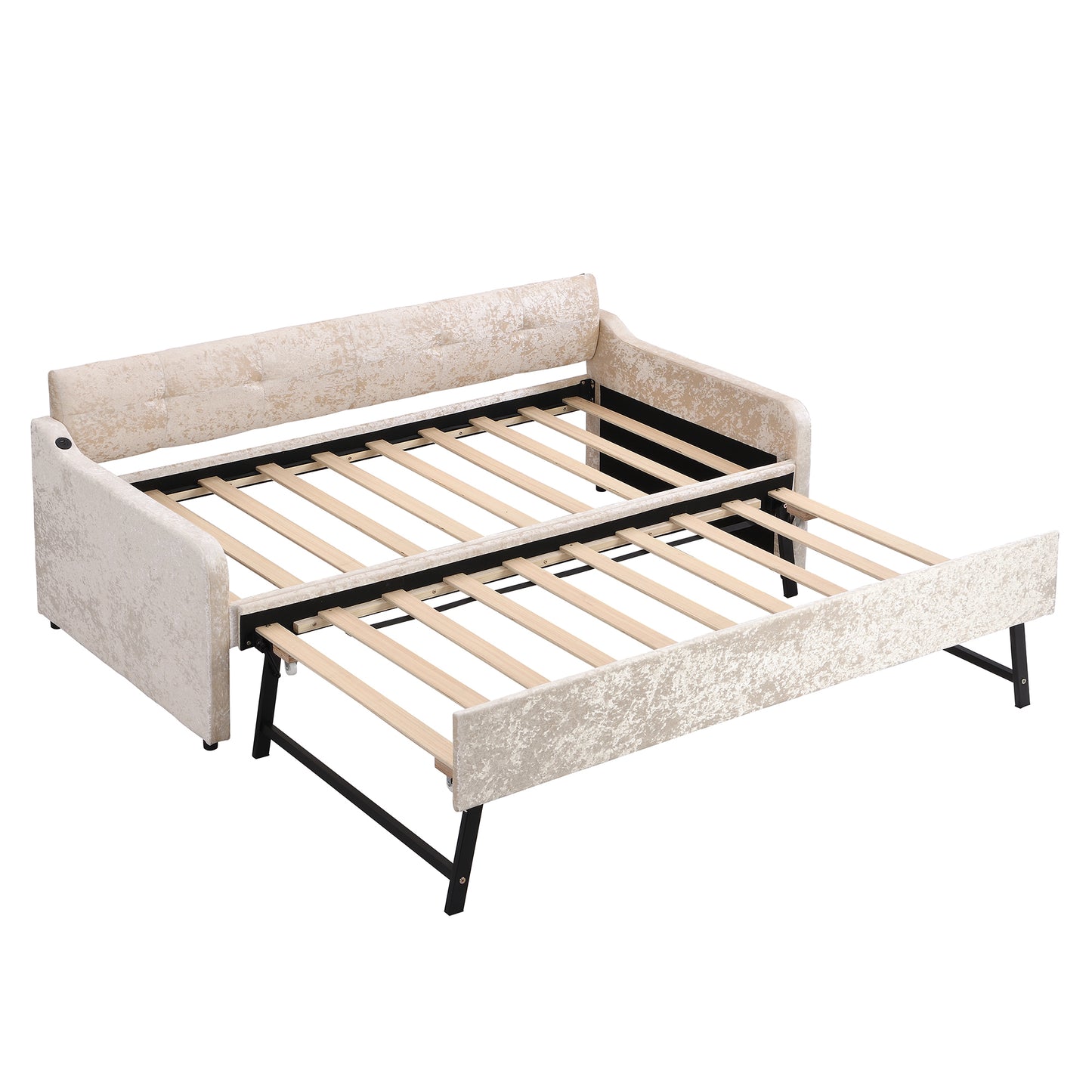 Twin Size Snowflake Velvet Daybed with Trundle and USB Charging Design,Beige