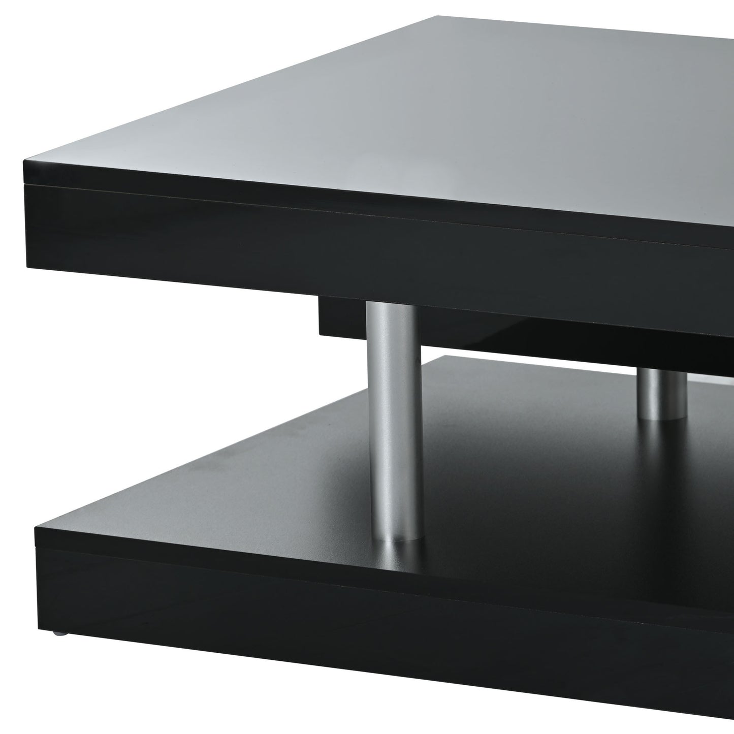 Black Contemporary 2-Tier Coffee Table with Sleek Metal Legs and High-Gloss UV Surface